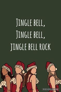 three women in red dresses and santa hats with the words jingle bell, jungle bell, jungle