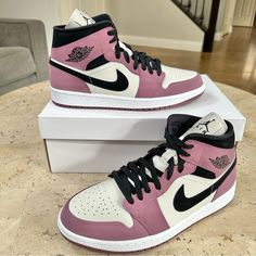 Women’s Air Jordan 1 Mid Size 11 Light Mulberry/ Black Pink Mid-top Custom Sneakers With Contrast Sole, Nike Pink High-top Jordan Shoes, Nike Low-top Pink Jordan Shoes, Nike Cortez Vintage, Pink Jordans, Pretty Shoes Sneakers, Streetwear Shoes, Nike Shoes Jordans, Nike Air Max Thea