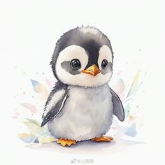 a little penguin is sitting on the ground with leaves around it's feet and eyes