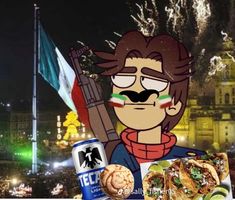 an animated man holding a beer and some food with fireworks in the sky behind him