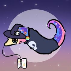 an animal wearing a witch hat flying through the air