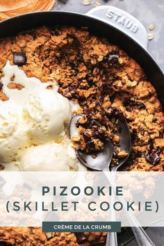 This Pizookie Skillet Cookie Recipe is one big ooey gooey cookie with chocolate chips baked in a cast iron skillet and topped with vanilla ice cream! Skillet Cookie Recipe, Peanut Butter Oatmeal Chocolate Chip, Skillet Chocolate Chip Cookie, Skillet Cookie, Peanut Butter Oatmeal Cookies, Best Sweets, Sweet Recipes Desserts, Delicious Cookie Recipes