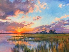 a painting of the sun setting over water with grass in foreground and clouds in the background