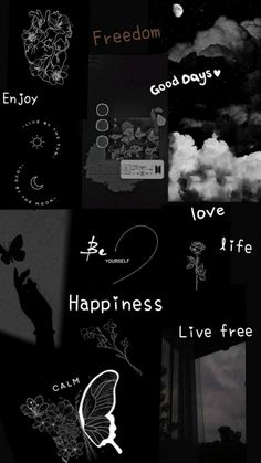 black and white collage with words written in different languages, including the word love