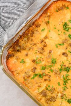 a casserole dish with meat and cheese