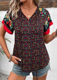 Non-stretch Multicolor Floral Print Tops, Multicolor Floral Print Non-stretch Top, Non-stretch Multicolor Floral Print Blouse, Casual Red Printed Blouse, Black V-neck Printed Blouse, Red Printed Short Sleeve Blouse, Black Printed Short Sleeve Blouse, Red Printed V-neck Blouse, Red Short Sleeve Tops With Floral Print