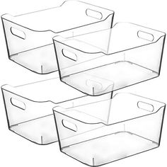 three clear plastic storage bins with handles on each side and bottom, set of 3