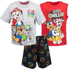 PRICES MAY VARY. Officially licensed Paw Patrol Rocky Rubble Marshall little boys 3 piece mix n’ match clothing set: short sleeve graphic tee shirt, sleeveless tank top, and shorts All over print design; Elastic waist for better fit; Pull on closure Durable and long-lasting graphic tshirt, tank top, and shorts mix and match set with a comfortable fit and an easy to dress design making them the essential outfits for your active kid Youth fashion tees and shorts with cool character designs your ch Boys Athletic Outfits, Paw Patrol Rocky, Zuma Paw Patrol, Paw Patrol Chase, Paw Patrol Characters, Tank Top And Shorts, 3 Piece Outfit, Police Dog, Boy Activewear