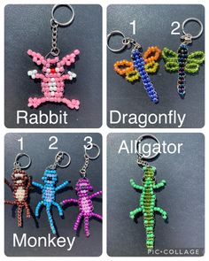 four different types of beaded keychains with numbers and symbols on them,