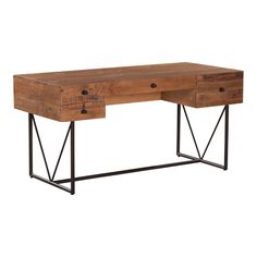 a wooden desk with two drawers and metal legs