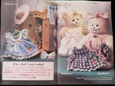 an open book with two teddy bears dressed in dresses and clothes on it's pages