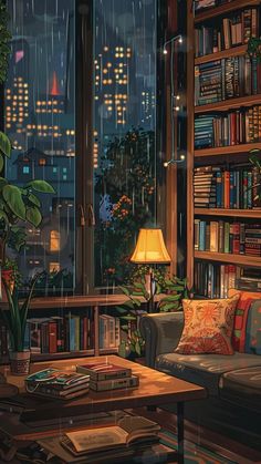 a living room filled with furniture and a book shelf full of books next to a window