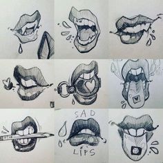 several different types of lips drawn in pencil