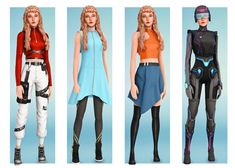 four different outfits for the female character from mass effect, including an orange top and blue skirt