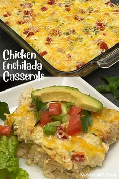 chicken enchilada casserole with avocado and tomatoes on top