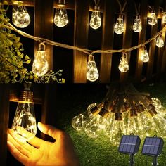 a hand holding a light bulb in front of some string lights on the grass with trees and bushes behind it