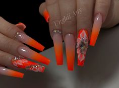 Orange Acrylic Nails With Rhinestones, Orange Bling Nails, Yellow Birthday Nails, Orange Acrylic Nails, Blue And Silver Nails, Long Acrylic Nail Designs, Beauty Nails Design, Nails Design With Rhinestones, Cute Acrylic Nail Designs