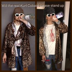 two pictures of a man with sunglasses and a leopard print coat drinking from a bottle