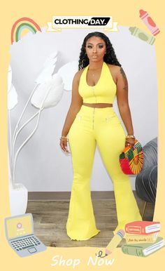 Plus Size Sexy Solid Color Hanging Neck Crop Top Wide Leg Pants Two Piece Set Stretch Wide-leg Two-piece Bottoms, Fitted High Waist Two-piece Bottoms, Fitted High-waist Bottoms, Yellow Two-piece Bottoms, Chic Two-piece High Waist Bottoms, Chic High Waist Two-piece Bottoms, Casual Cropped Pants For Party, Trendy High Waist Two-piece Bottoms, Trendy Fitted Two-piece Bottoms