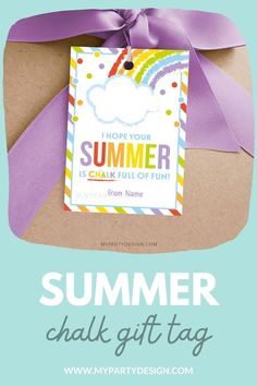 a box with a purple ribbon on it and the words summer chalk gift tag below