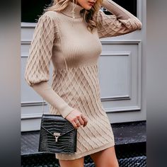 Elegant Fitted Sweater Dress With Diamond Pattern. Brand New, Never Worn, Absolutely Perfect Condition! Super Stretchy, Very Warm. Size Small. Comes From A Pet-Friendly Smoke-Free Home. Mutton Sleeve, Gigot Sleeve, Leg Of Mutton Sleeve, Casual Turtleneck, Bodycon Sweater, Bodycon Sweater Dress, Cable Knit Sweater Dress, Funnel Neck Sweater, Outwear Women