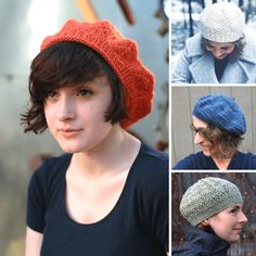 four pictures of women wearing knitted hats