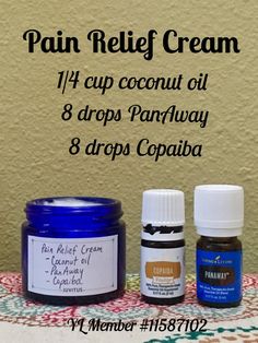 Pain relief cream using only PanAway and Copaiba essential oils - both included in Young Living premium starter kits. Visit link to start an oily journey of your own! YL member #11587102. Copaiba Essential Oil