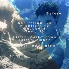 an underwater scene with the text before and after it has been altered to look like corals