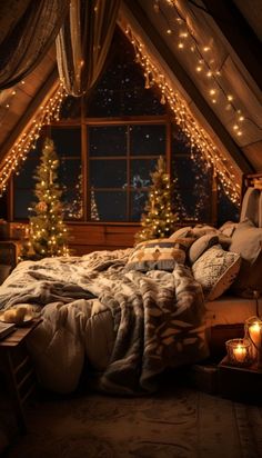 an attic bedroom decorated for christmas with lights on the ceiling and bed in front of a window