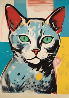 a painting of a cat with green eyes on a blue, yellow and pink background