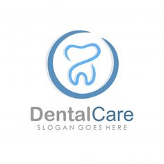 dental care logo design with tooth in the middle and blue circle around it, on white background