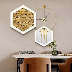 a dining room table with two chairs and a clock on the wall above it that has gold coins in hexagonal shapes