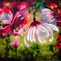 an abstract painting of pink and white flowers with green leaves on the bottom right side