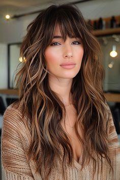 Gorgeous Long Haircuts with Bangs for 2024 Wavy Hair Women Haircut, Long Hair With Bangs Highlights, Long Hair With Crown Layers, Dark Brown Underneath Hair, Fringe Inspo Long Hair, Long Hair With Bangs Balayage, Brunette Highlights With Bangs, Curtain Bangs Balayage Brown Hair, Boho Fringe Hair