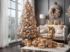 a living room decorated for christmas with gold and silver decorations