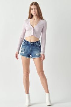 Details Style No. AT1033SHD Elevate your summer style with the Mid Rise Patch Detail Shorts – a perfect blend of comfort, character, and modern design that adds a unique touch to your look. Highlights Super Stretchy Denim Comfort High Quality Material Mid-rise Frayed hem with patch detail Dark Stone Wash Shape & fit • Shorts • Mid rise • Frayed HemSpecifications: Front Rise: 9 1/4 inches Inseam: 2 1/2 inches Lady Gaga Pictures, Stretch Denim Fabric, Hot Shorts, Fitness Models Female, Plaid Skirts, High Waisted Denim, Vintage Jeans, Denim Fabric, Summer Style