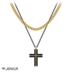 Create the perfect gift for yourself or someone special with a modern and unique men's bundle featuring an engravable black steel cross necklace layered with a bold Cuban link chain. Available with stainless steel or yellow ion-plated steel detailing, our custom black ion-plated steel cross pendant can be personalized with a meaningful engraving and comes suspended on a matching 22-inch chain. The Cuban link chain is 5mm wide and 20 inches long. Perfect together, each necklace has a lobster clas Cross Necklace Layered, Mens Layering, Steel Detailing, Engraved Cross, Necklace Layered, Perfect Together, Steel Cross, Cuban Link Chain, Cuban Chain