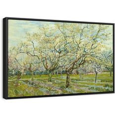 a painting on the wall of a field with trees in bloom and grass around it