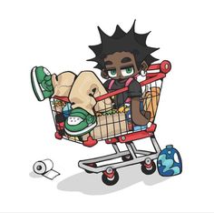 a cartoon character pushing a shopping cart full of items