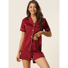 Great for loungewear, nightwear, sleepwear, home bedroom, and daily wear. This 2-piece sleepwear set, including short-sleeved tops and shorts, uses soft breathable pure satin, giving you the great dress experience. No matter the cozy bedtime, casual home relaxation, laze afternoon, or a relaxing bath, the soft and lightweight women's nightdress could accompany you all the time. It's a good choice to be a perfect gift for your mom, wife, daughter, girlfriend, or friends as loungewear, or sleepwea Button Down Shirt With Shorts, Satin Button Down Shirt, Satin Pj Set, Night Dress For Women, Short Pj Set, Casual Home, Relaxing Bath, Womens Pyjama Sets, Sleepwear Sets