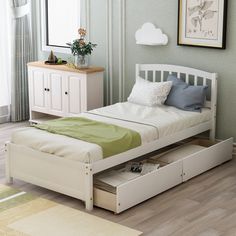 Twin Platform Storage Bed Wood Bed Frame With Two Drawers And Headboard Twin Storage Bed, Platform Storage Bed, Bed Frame With Drawers, Platform Storage, Wooden Bed Frame, Bed Wood, White Headboard