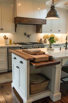 a kitchen with an island in the middle of it