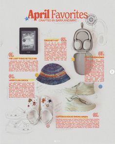 an advertisement with various items on it including shoes, hats and other things to wear