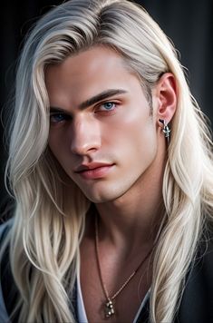 a man with long blonde hair and blue eyes is wearing an earring in front of a black background