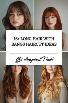 Collage of four women with different long hairstyles featuring bangs.