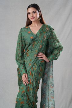 Green pre-drape saree featuring floral print all over. Paired with a bead and cut dana embroidered wrap blouse. - Aza Fashions Bollywood Style Festive Sets With Draped Sleeves, Bollywood Festive Sets With Draped Sleeves, Festive Bollywood Sets With Draped Sleeves, Festive Diwali Sets With Draped Sleeves, Festive Silk Pre-draped Saree, Festive Sets With Draped Sleeves And Traditional Drape, Festive Dupatta With Draped Sleeves In Georgette, Designer Draped Saree For Navratri, Festive Cotton Silk Pre-draped Saree