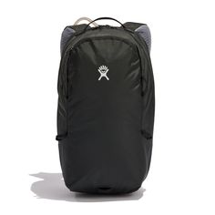 the back pack is black and has a white logo on it