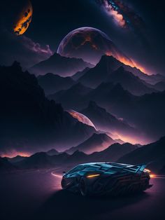 an image of a futuristic car in the middle of space with mountains and planets behind it