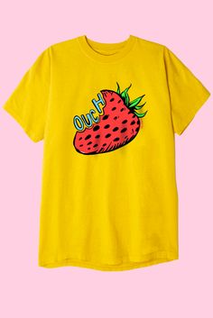 OUCH STRAWBERRY – Teen Hearts Clothing - STAY WEIRD Pastel Tops, Funny Tshirt Quotes, Fruit Logo, Heart Clothes, Stay Weird, Tee Outfit, Funny Tees, Free Time, Clothing Co