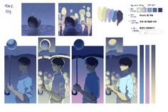 an anime storyboard with multiple images of people in the rain and one person holding an umbrella